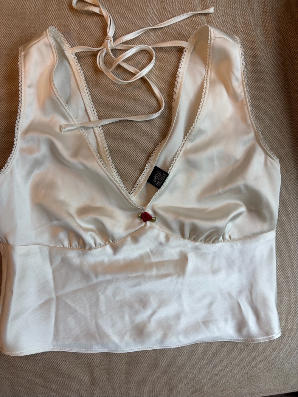Size XS Ivory Satin Halter Crop Top with Rose Accent